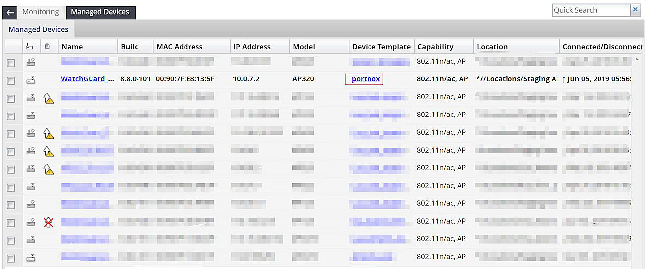 Monitoring > Managed Devices page in Wi-Fi Cloud Manage